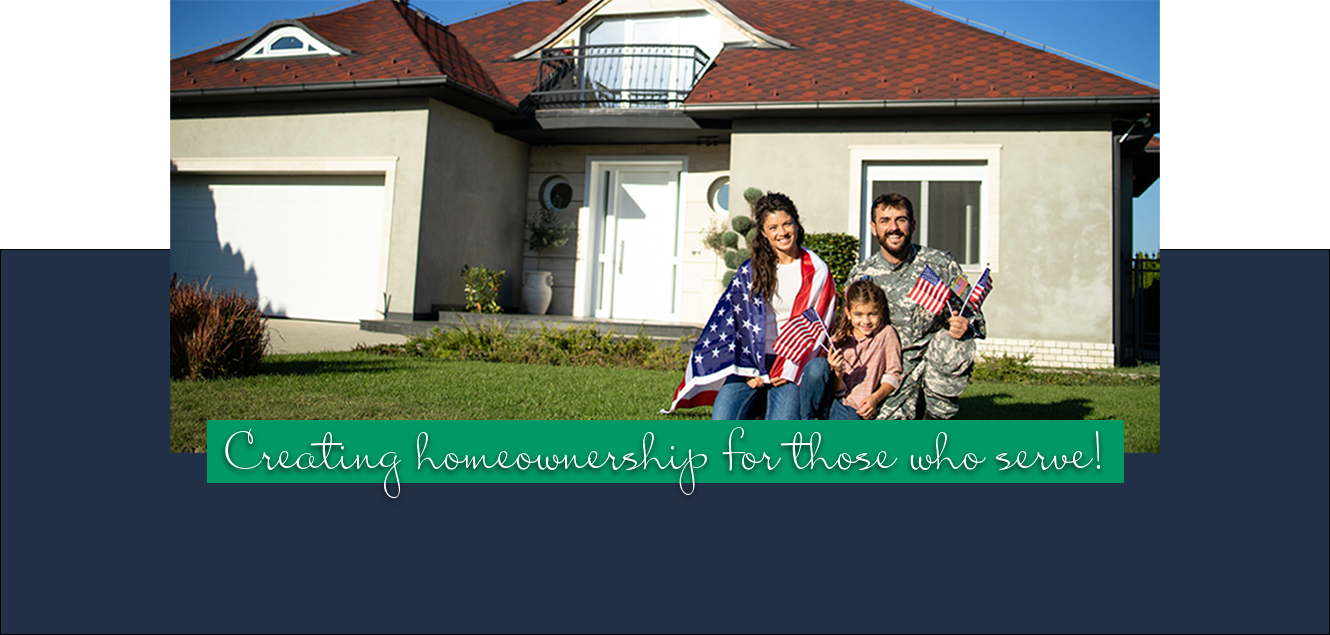 military family outside home with American Flags