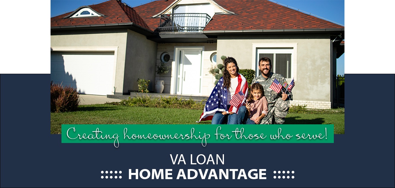 military family sitting outside of their home with American Flags promoting VA Loan Product